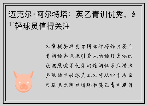 迈克尔·阿尔特塔：英乙青训优秀，年轻球员值得关注