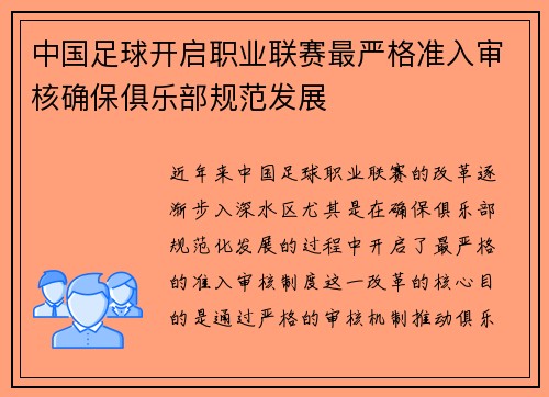 中国足球开启职业联赛最严格准入审核确保俱乐部规范发展