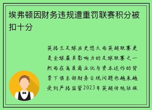 埃弗顿因财务违规遭重罚联赛积分被扣十分